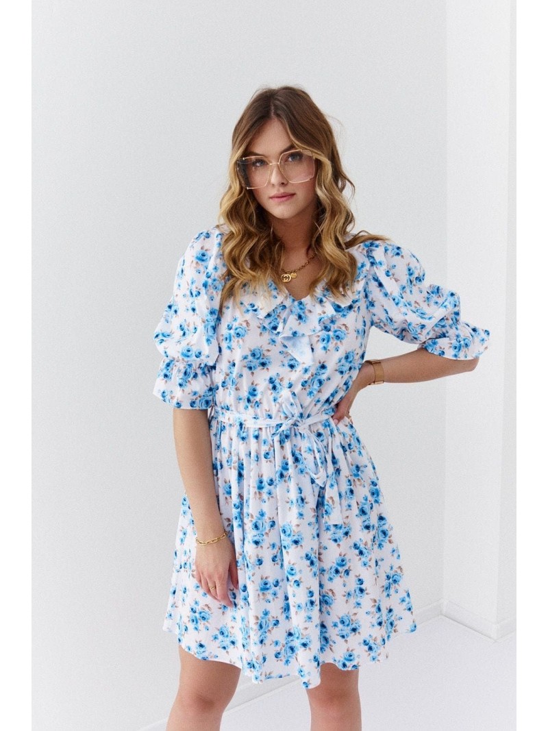 Floral dress with a ruffle at the neckline, white and blue 30360 - Online store - Boutique